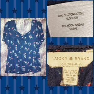 Lucky Brand brand Navy Blue/Multicolor Floral Print Soft Knit Peasant Top Sz XL